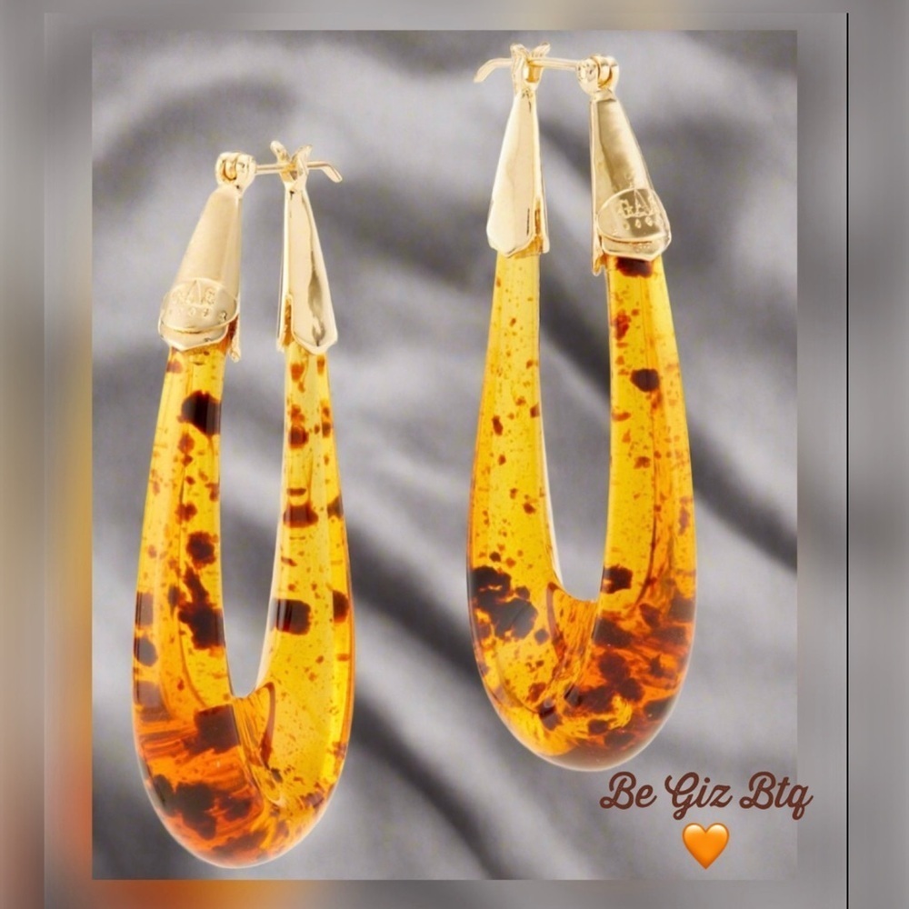 GAS BIJOUX Authentic Ecume 24K Gold Plated & Acetate Elongated Gold Hoop Earring